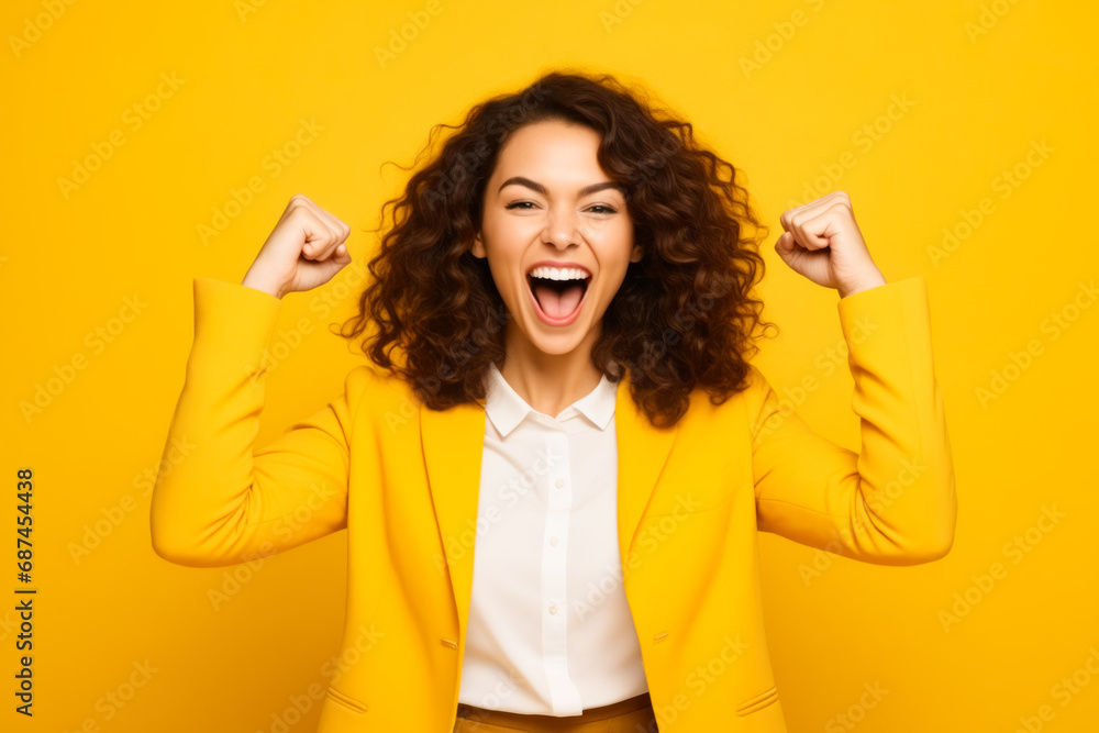 Sticker woman with curly hair and yellow jacket is holding her arms up.