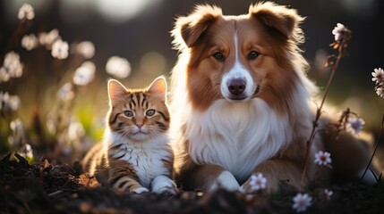 Cute dog and cat lying together on a green grass