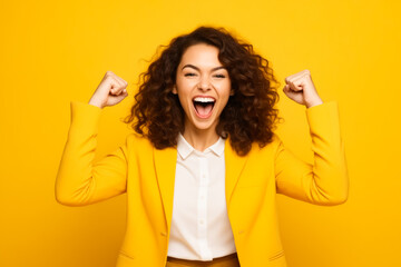 Woman with curly hair and yellow jacket is holding her arms up. - Powered by Adobe