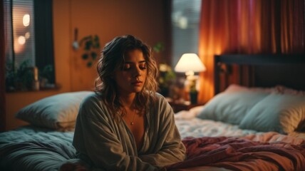 a sad woman sitting on a bed in a dimly lit room. woman seems relaxed as she sits cross-legged on top of the covers with her eyes closed.  Social anxiety disorder. social phobia. - obrazy, fototapety, plakaty
