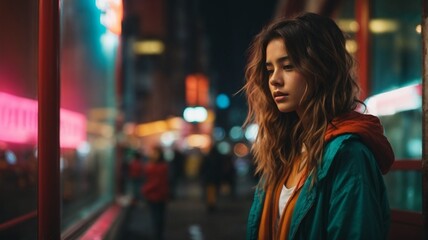 a sad, depressed woman with long hair sitting in an empty road with a blurred light background. Social anxiety disorder. social phobia. - obrazy, fototapety, plakaty
