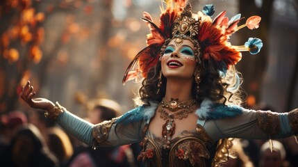 beautiful woman with carnival makeup with copy space on festive background. Colorful poster for Mardi Gras masquerade - obrazy, fototapety, plakaty