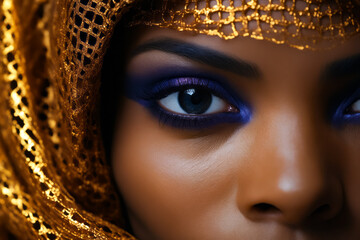 Woman with blue eyes and gold veil on her head.