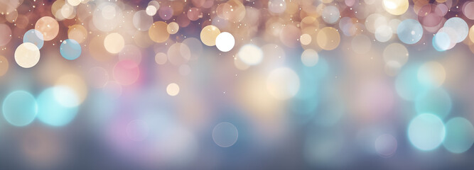 Fototapeta premium Christmas winter blurred background. Xmas snow, garland lights, holiday festive background. Widescreen backdrop. New year Winter art design, wide screen holiday border