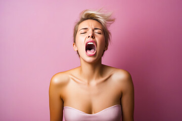 Woman with her mouth open and her eyes closed. - obrazy, fototapety, plakaty