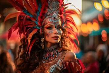 Mujer joven disfrazada para el carnaval, con vestido intrincado y espectacular, iluminación de ensueño, plumajes y vestidos  exóticos