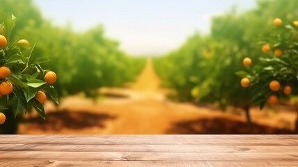 Orange Orchard View from Wooden Table Perspective - obrazy, fototapety, plakaty