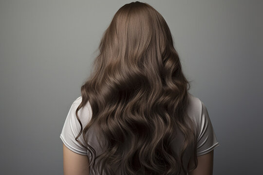 a woman's head from the rear perspective, showcasing her naturally long and curly hair. Generative AI.