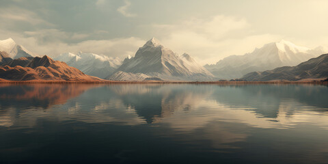 Fototapeta na wymiar A mountain landscape with a lake and a mountain in the background Majestic Mountains 3d Rendered Lake Mirrors Mountain Reflection Backgrounds AI Generative 