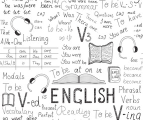 Educational "back to school" vector seamless pattern with English language verbs, phrases, rules 