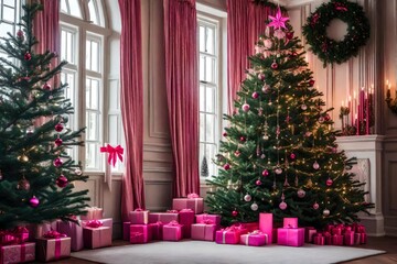 Fototapeta na wymiar christmas tree with gifts room created with AI.