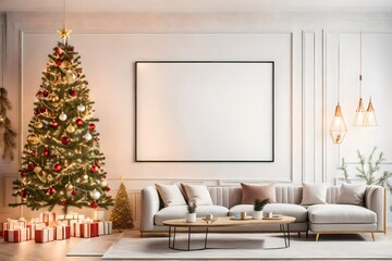 living room with christmas tree created with AI.