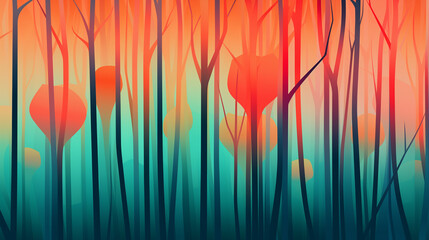 Motif coloré arbres et végétaux dans une forêt colorée, peinture numérique - obrazy, fototapety, plakaty