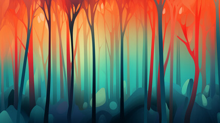 Motif bleus et oranges, arbres et végétaux dans une forêt colorée, peinture numérique - obrazy, fototapety, plakaty
