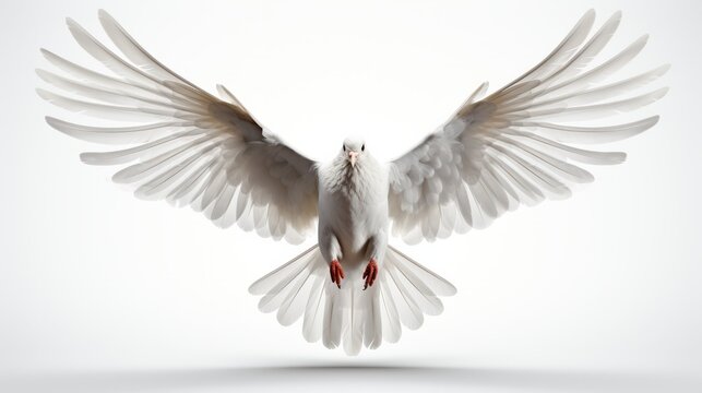 A white dove isolated against a pure white backdrop