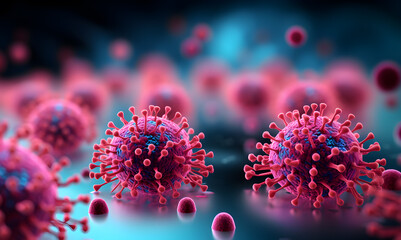 Virus cells in microscope,  A graphic of a virus with blue background, Medical and health research concept