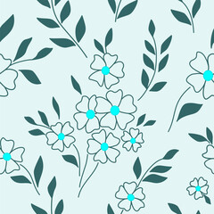 Seamless pattern with leaves. Wild flowers in ethnic style. Pattern on blue background. Hand drawing vector illustration. Graphic design of spring flowers. 