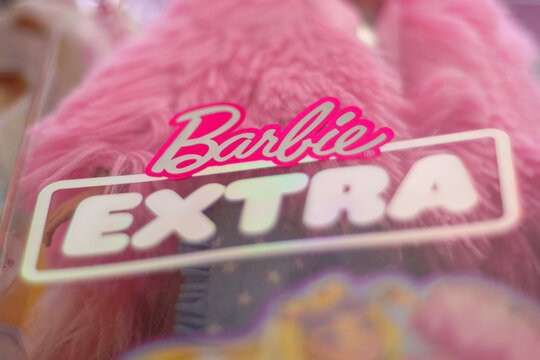 Tyumen, Russia-November 25, 2023: Barbie extra logo, produced by the American toy manufacturing company Mattel, Inc. and released to the market in March 1959