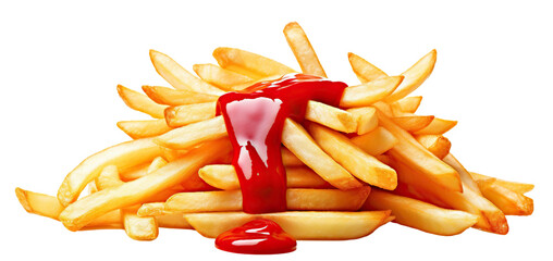 Tomato ketchup pouring over delicious French potato fries, cut out - Powered by Adobe