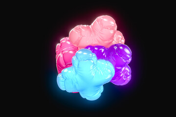 Soft bodies with neon plastic textures close to each other in black background. 3d render