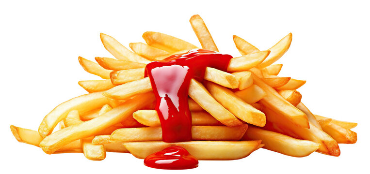 Tomato ketchup pouring over delicious French potato fries, cut out
