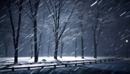  Snowfall Illuminated by Street Lights in Silent winter Park