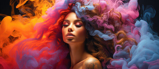 Young Pretty Woman Enveloped in a Whirlwind of Colorful Smoke. Banner