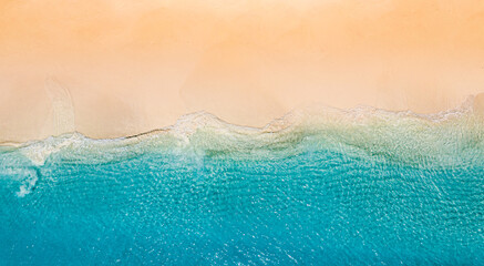 Relaxing aerial beach scene, summer vacation holiday template banner. Waves surf with amazing blue...
