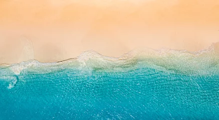 Foto auf Acrylglas Relaxing aerial beach scene, summer vacation holiday template banner. Waves surf with amazing blue ocean lagoon, sea shore, coastline. Perfect aerial drone top view. Peaceful bright beach, seaside © icemanphotos