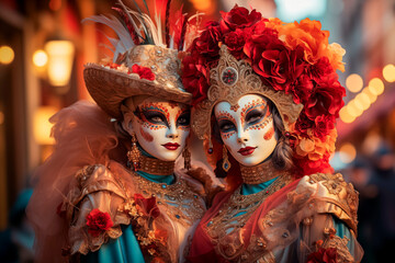 Gente disfrazada para el carnaval festival de Venecia, con sus mascaras pintorescas por las calles y plazas Venecianas, bokeh de fondos con luces artificiales