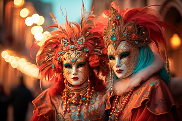 Gente disfrazada para el carnaval festival de Venecia, con sus mascaras pintorescas por las calles...