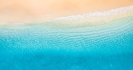 Relaxing aerial beach scene, summer vacation holiday template banner. Waves surf with amazing blue...