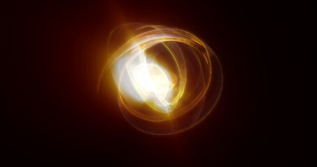 Abstract yellow rings spheres from energy magic waves of smoke circles and glowing lines on a black background