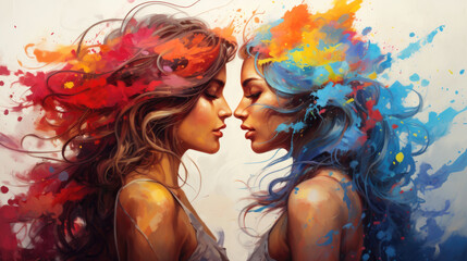 Watercolor of two women in love on a white backdrop with rainbow-colored hair, symbol of pride day and the Lgbtq community created by Ai illustration
