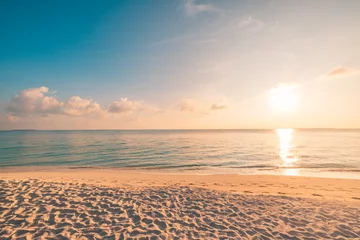 Foto op Canvas Closeup beach coast sand texture with warm gold orange sunset light. Fantasy beach landscape sky sea bay. Tranquil relax bright horizon, colorful sky. Peaceful nature seascape. Summer Mediterranean  © icemanphotos