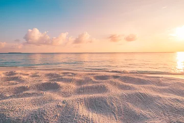 Poster Closeup beach coast sand texture with warm gold orange sunset light. Fantasy beach landscape sky sea bay. Tranquil relax bright horizon, colorful sky. Peaceful nature seascape. Summer Mediterranean  © icemanphotos
