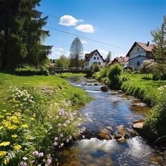 Fototapeta na wymiar Lomna river in Trojanovice village in spring hot day