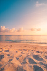 Closeup beach coast sand texture with warm gold orange sunset light. Fantasy beach landscape sky...