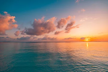 Fotobehang Panoramic sea skyline beach. Amazing sunrise beach landscape. Panorama of tropical beach seascape horizon. Abstract colorful sunset sky light tranquil relax summer seascape freedom wide angle seascape © icemanphotos