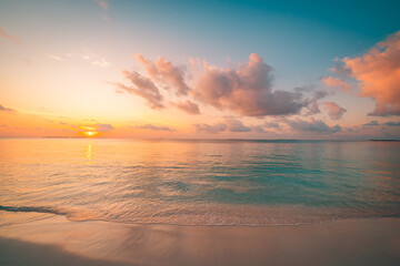 Sea sand sky beach closeup. Panoramic island landscape. Inspire tropical beach seascape shore...