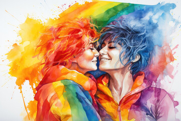 Lesbian couple under the rainbow flag of lgtbq gay pride, watercolor, illustration, painting, drawing created by AI