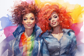 Two women with curly hair and smiling in the gay pride parade, symbol of Lgbtq community created by Ai illustration