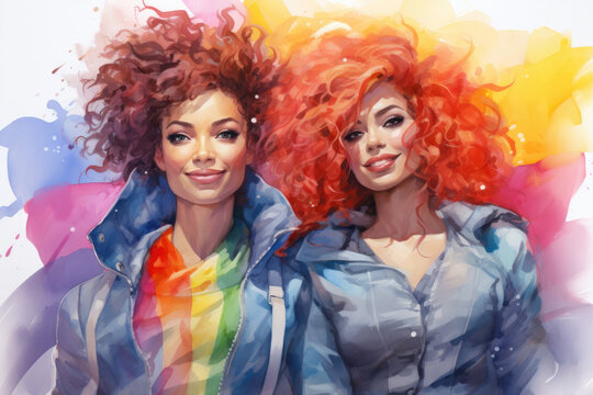 Two women with curly hair and smiling in the gay pride parade, symbol of Lgbtq community created by Ai illustration