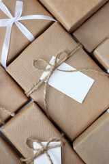 Stylish Decorated Christmas Gifts Top View. Holidays Gifts Wrapping and Decoration.