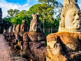 Stunning bridge in the South Gate of Angkor Thom complex with a row of demons statues, Siem Reap, Cambodia - 687458211