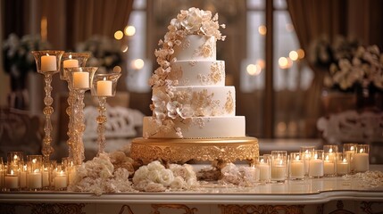 wedding cake overflowing with golden details, creating an atmosphere of luxury and delight