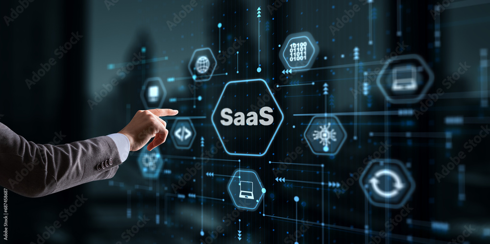 Poster saas software as a service concept with hand pressing a button