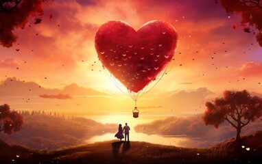 Scenic View with Heart Balloon and Couple,Heart Balloon at Sunset