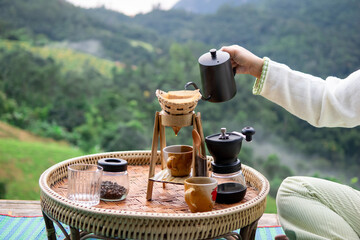 Drip coffee set morning mountain view