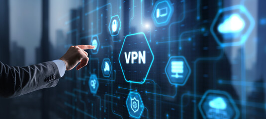 Businessman presses a button VPN. Betwork security internet privacy encryption concept